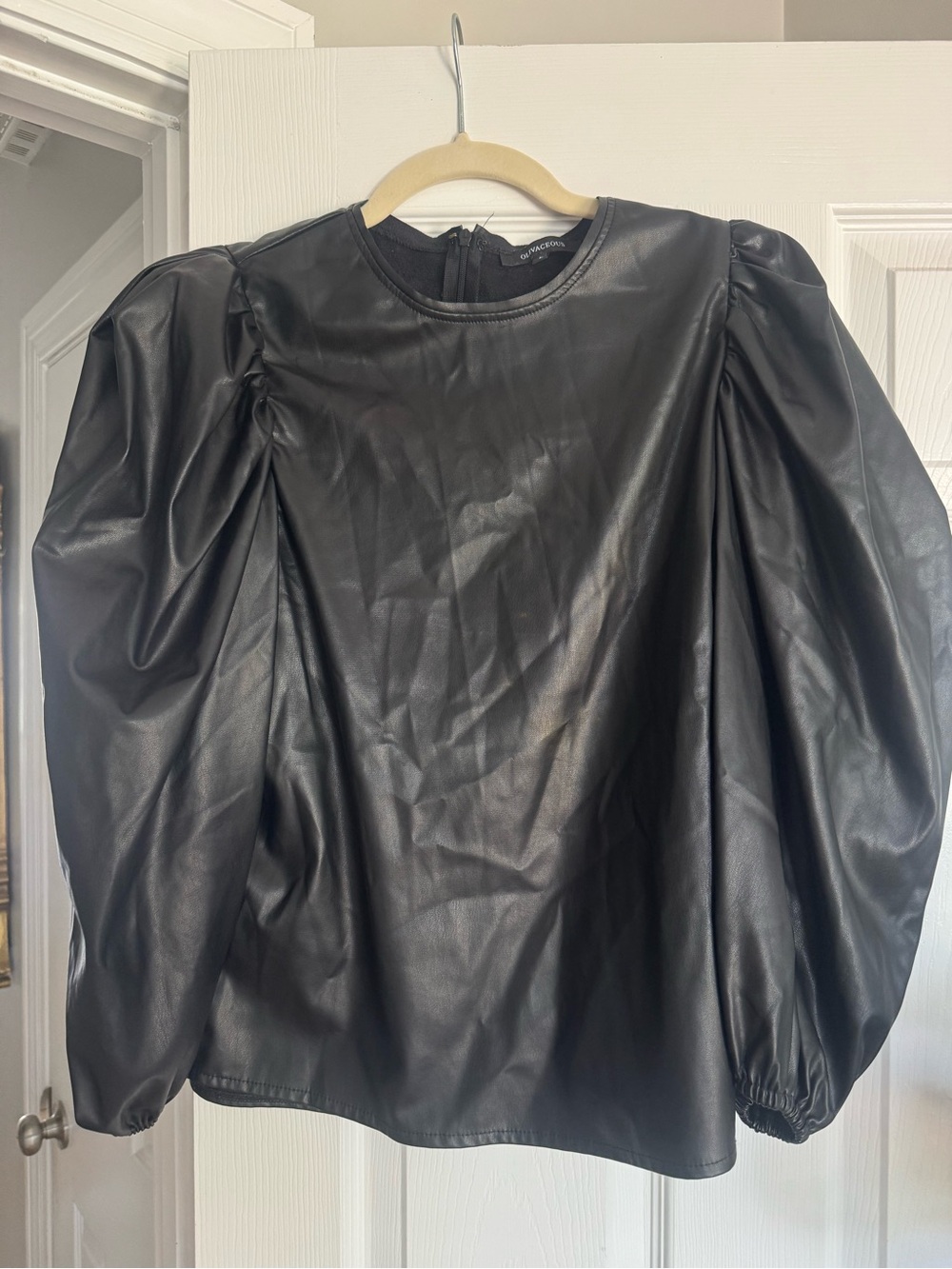 Olivaceous Faux Leather Puff-Sleeve Top in Black